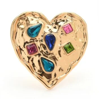 Broche cœur dorée en métal avec pierres colorées bleues, roses, vertes et violettes incrustées