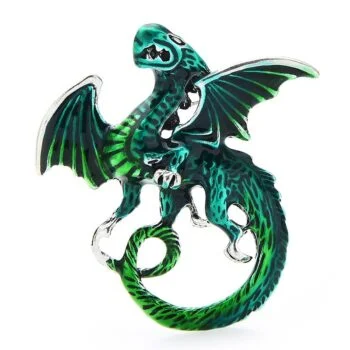 Broche dragon fantaisie en métal argenté avec émail vert et noir, motif détaillé avec ailes déployées et queue enroulée