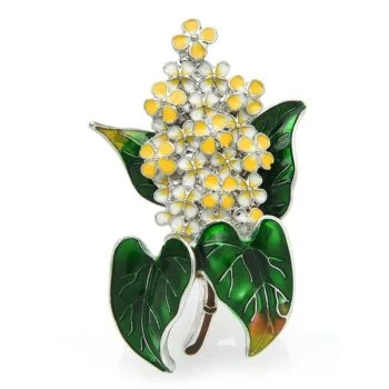 Broche fleurs de lilas avec fleurs jaunes et blanches et feuilles vertes en émail