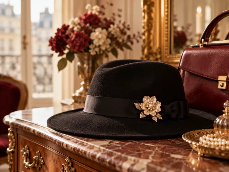Broche fleur dorée sur le ruban d'un chapeau en feutre noir
