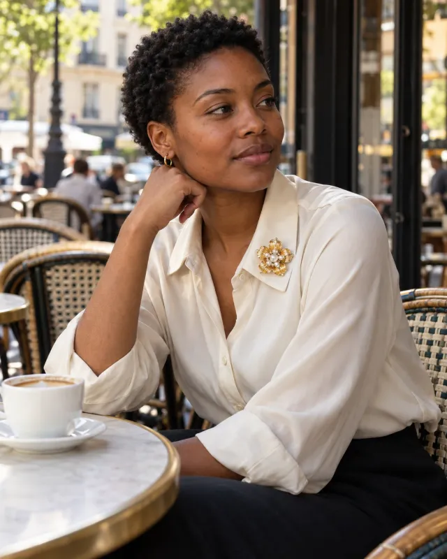 Femme en terrasse avec une broche fleur au col d'un chemisier ivoire
