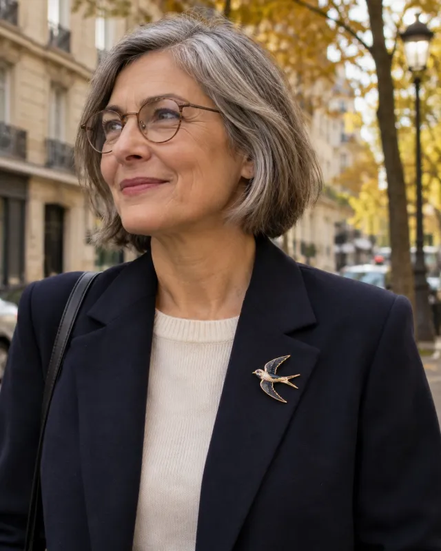 Femme aux cheveux gris portant une broche oiseau au revers d'un blazer marine