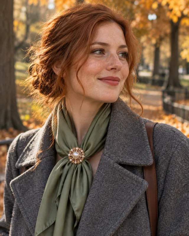 Broche dorée retenant un foulard vert sur un manteau gris
