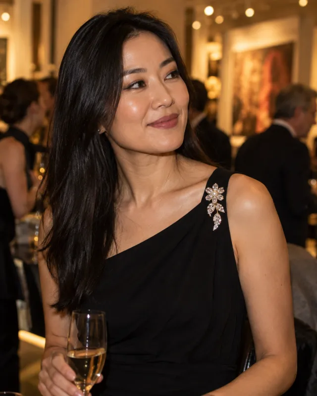 Broche en strass sur une robe noire de soirée