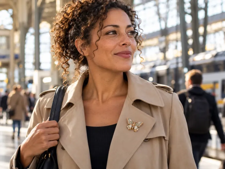 Broche dorée au revers d'un trench beige, en ville