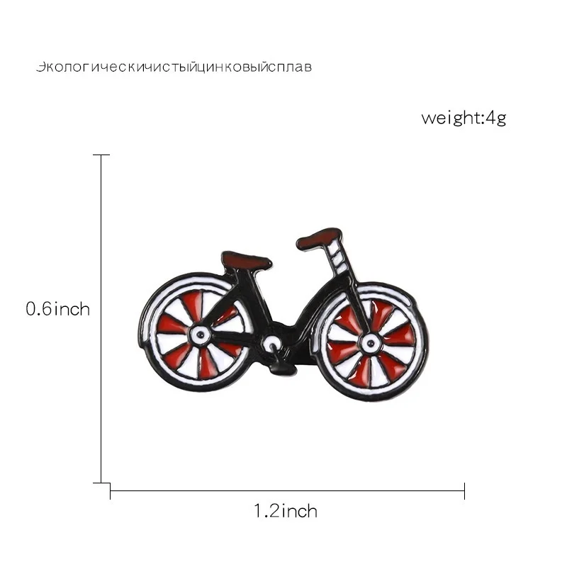 Pin's bicyclette en alliage de zinc noir avec roues rouges et blanches, vue de face